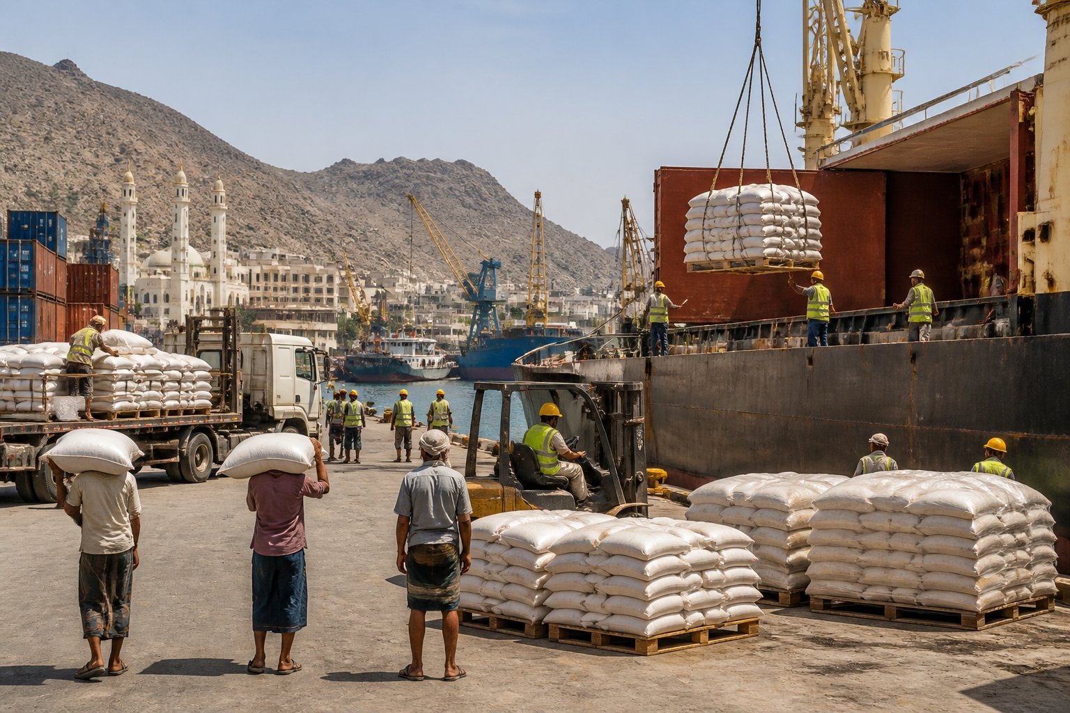 Workers unload imported rice from a cargo ship at a Yemeni port.