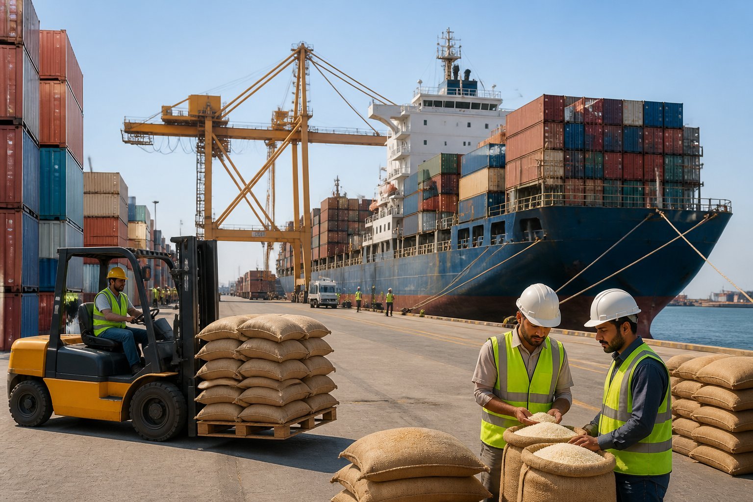A Yemeni seaport with a cargo ship, rice containers, cranes, and workers handling imported goods.