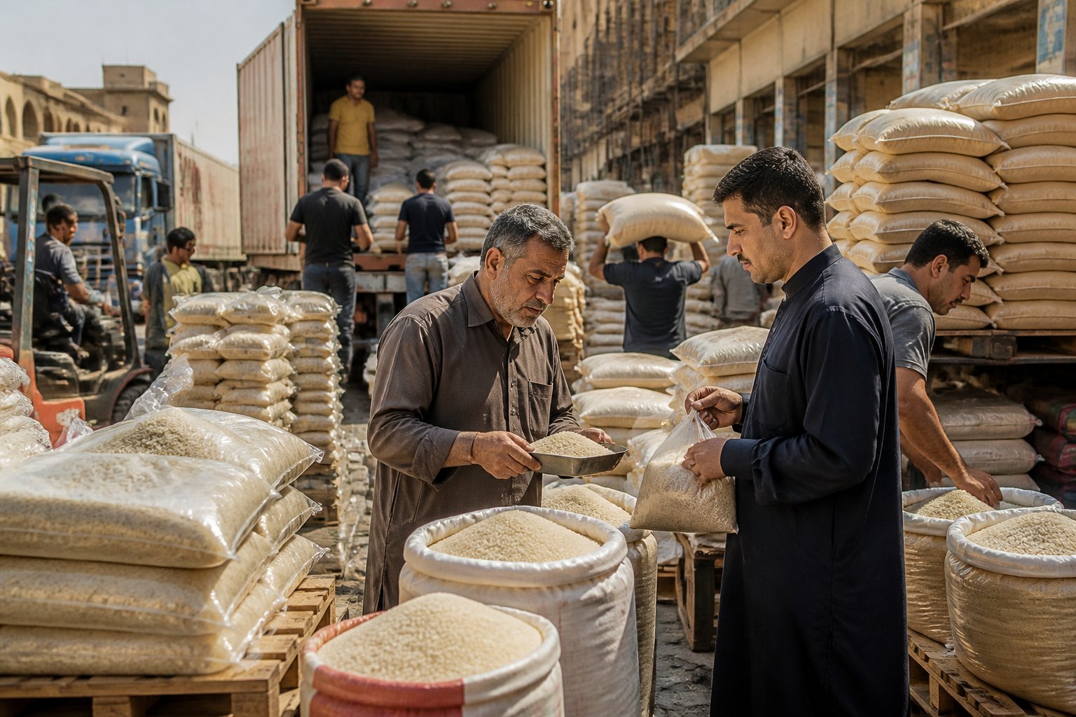 Workers handle stacked rice sacks in a busy Iraqi wholesale market.