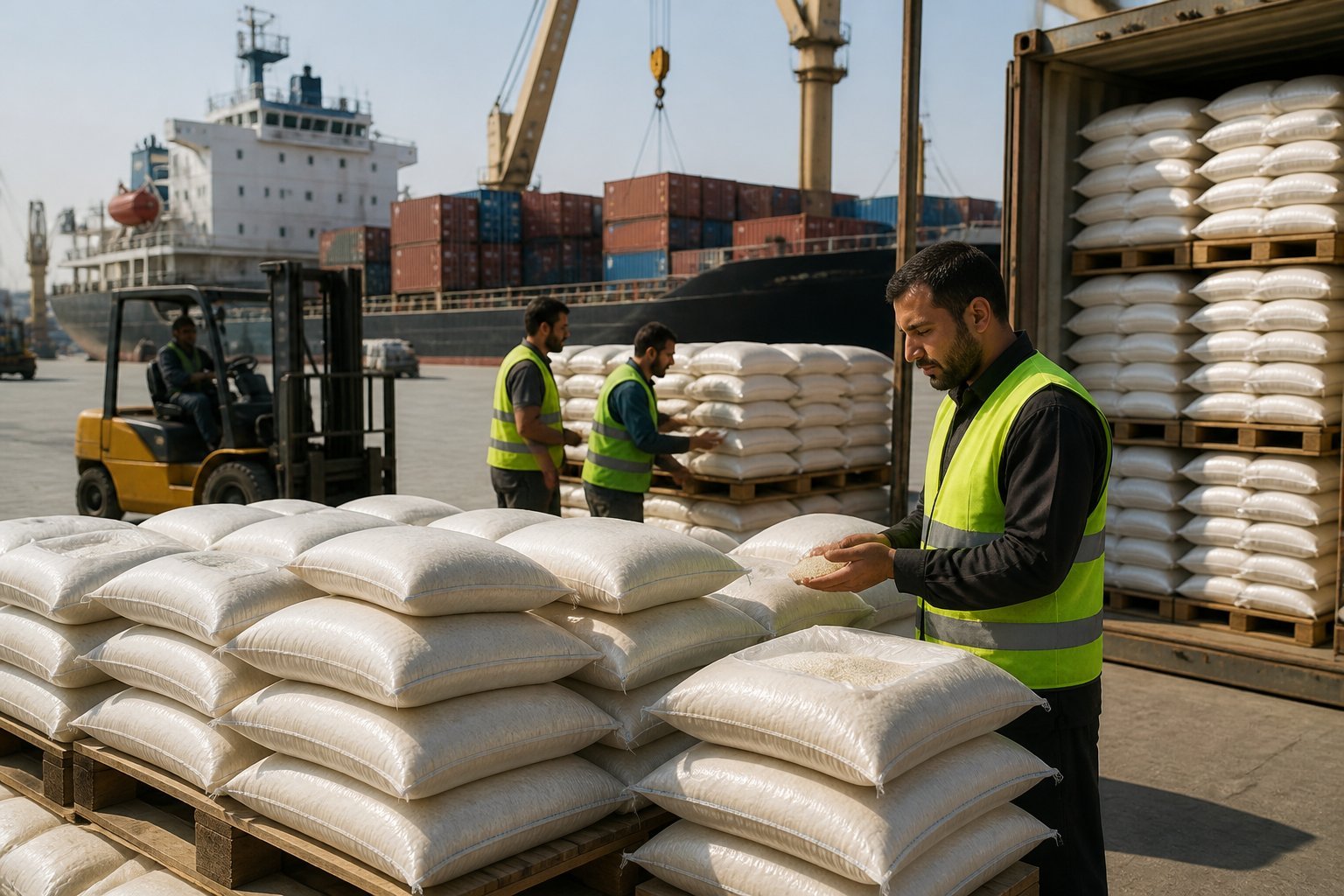 Workers handle stacked rice sacks at a busy commercial port with shipping containers and a cargo vessel in the background.