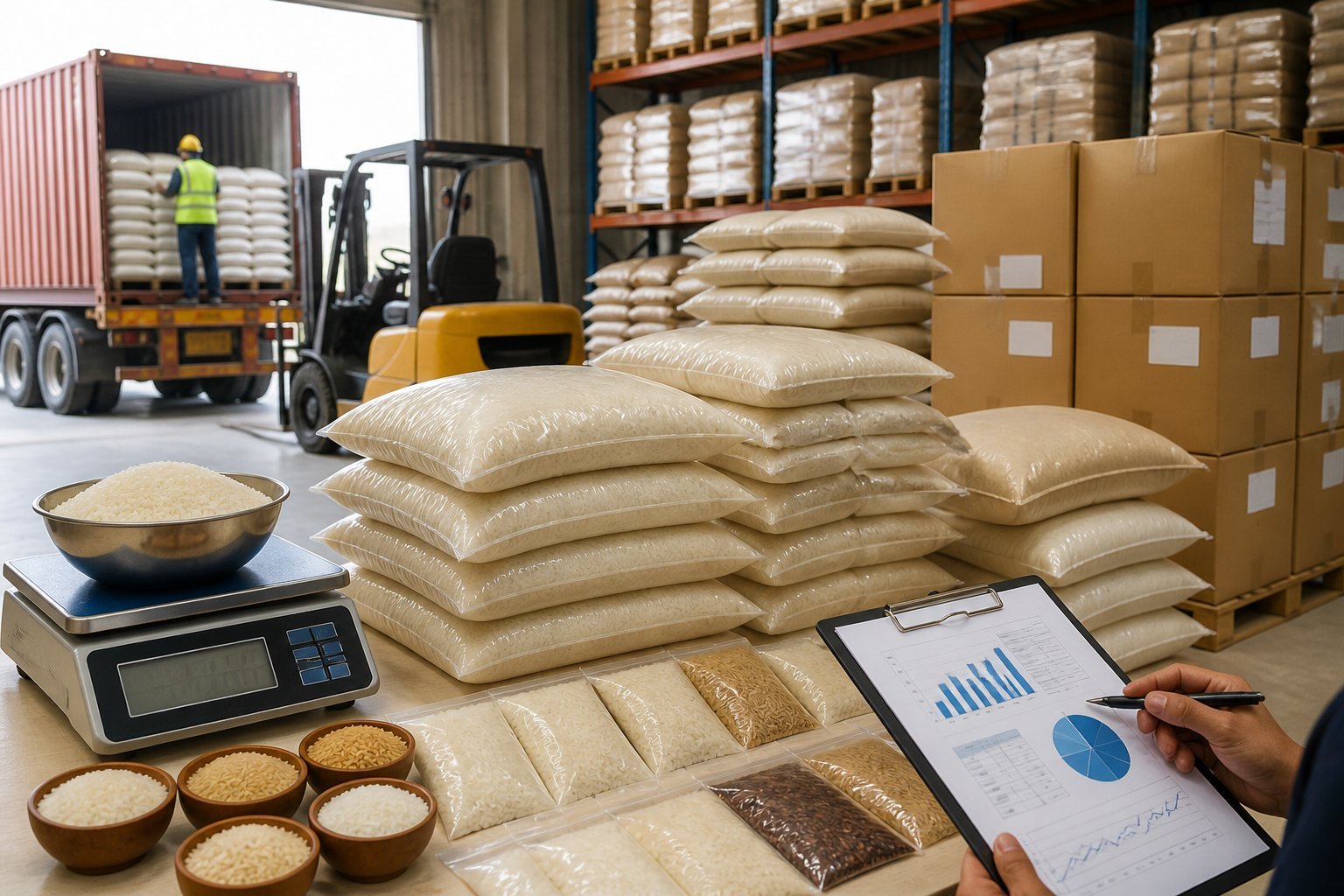 Stacked rice shipments on pallets in a warehouse prepared for import and distribution.