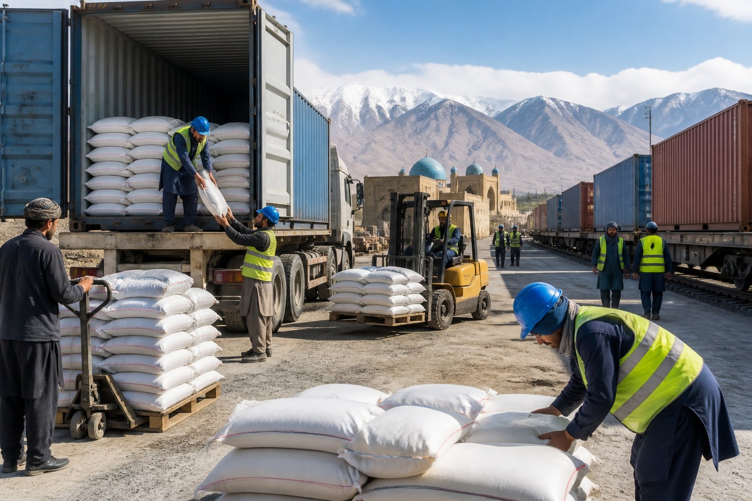 Workers unload rice shipments from trucks and containers at a freight terminal with mountains in the background.