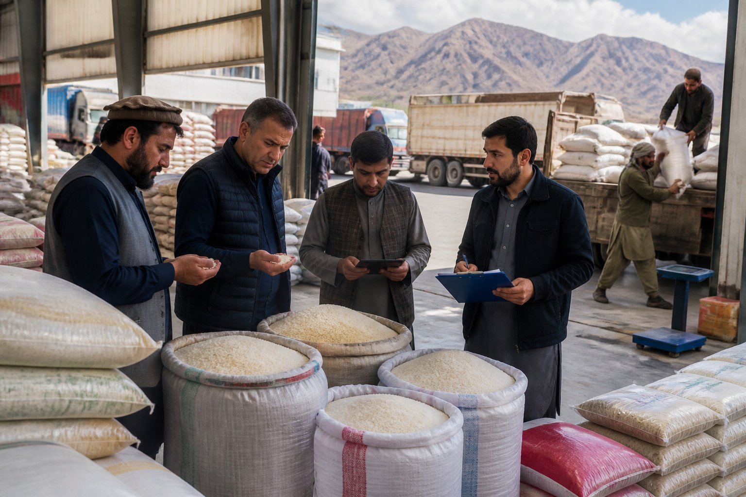 Traders inspect stacked rice sacks in a Central Asian warehouse while cargo trucks are loaded nearby.