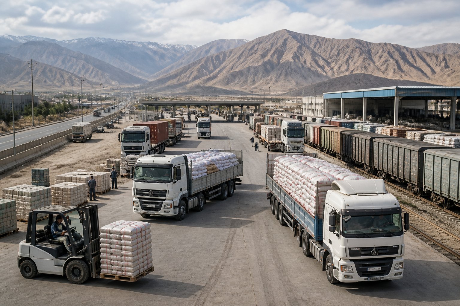 Cargo trucks and rail freight wagons transport rice near a mountainous Central Asian border logistics terminal.