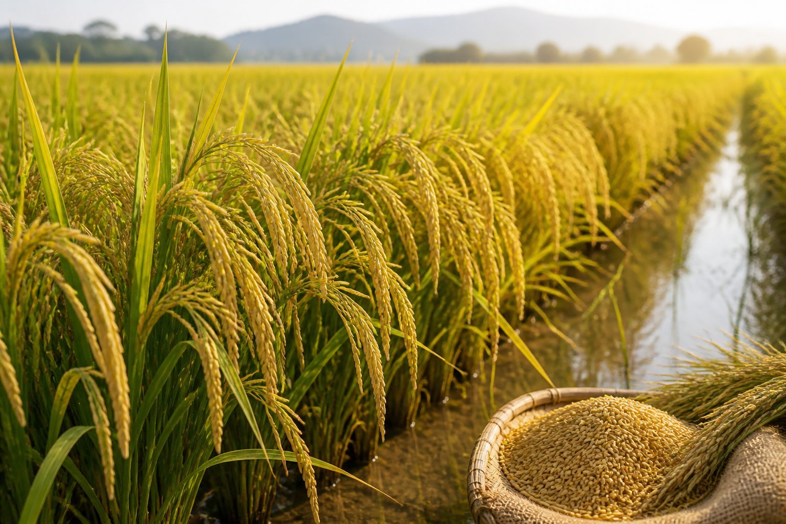 Mature golden rice plants growing in neat rows in a flooded paddy field.