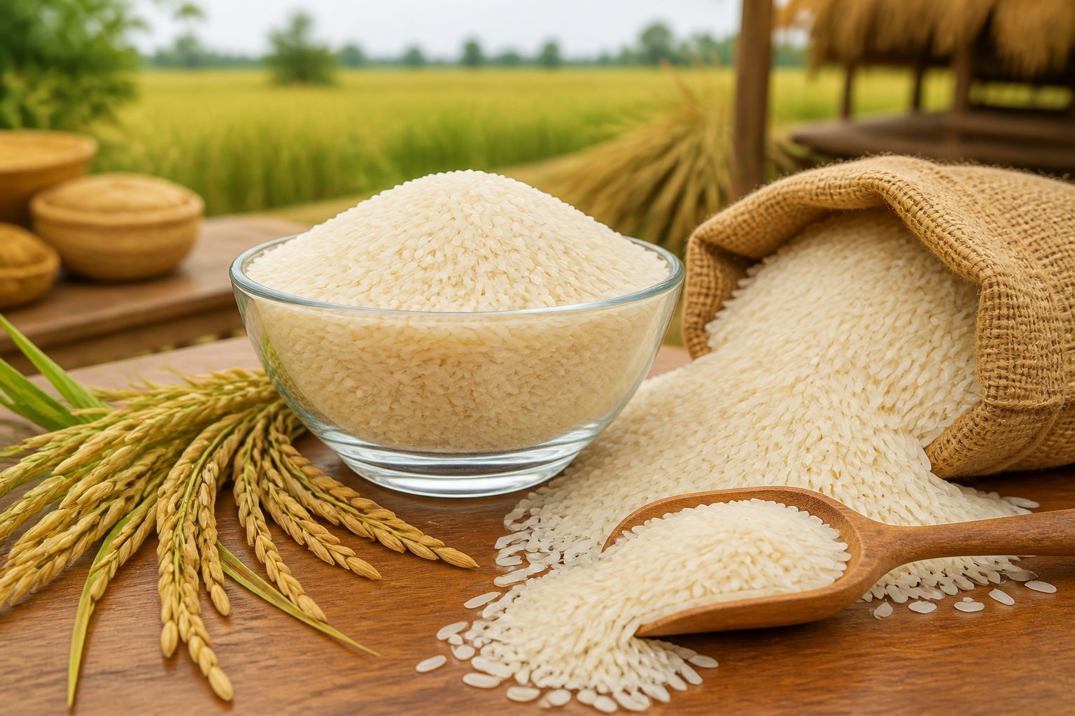 A bowl and burlap sack filled with long-grain IRRI-6 rice on a market counter.