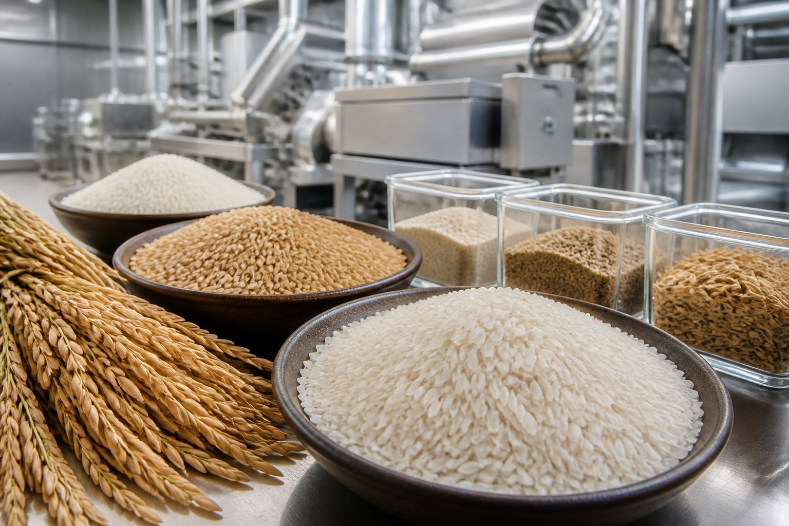 Different stages and byproducts of IRRI-6 rice processing displayed in a clean food-processing facility.