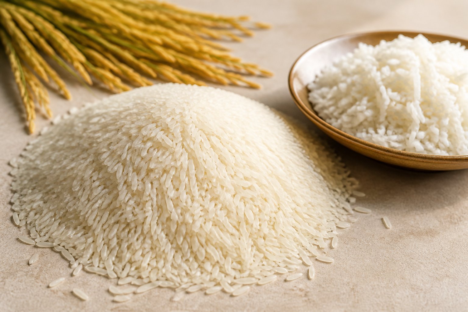 A mound of long-grain white rice with a small portion of cooked rice beside it.