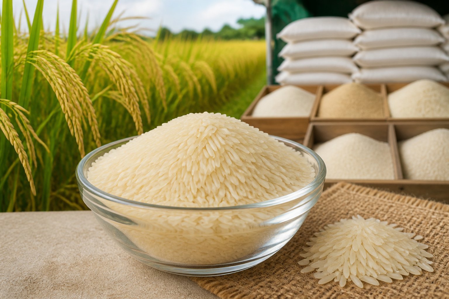 A bowl of long-grain rice beside rice plants and neatly arranged agricultural products.