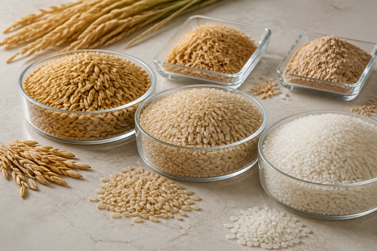 Bowls showing PK-386 rice at different processing stages, from husked grains to polished white rice.