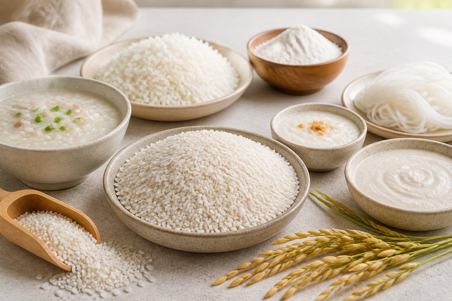 A bowl of broken rice surrounded by porridge, cooked rice, rice flour, noodles, pudding, and rice batter.