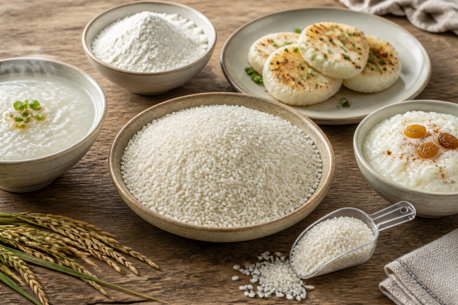 Broken rice grains displayed beside porridge, rice flour, rice cakes, and rice pudding.