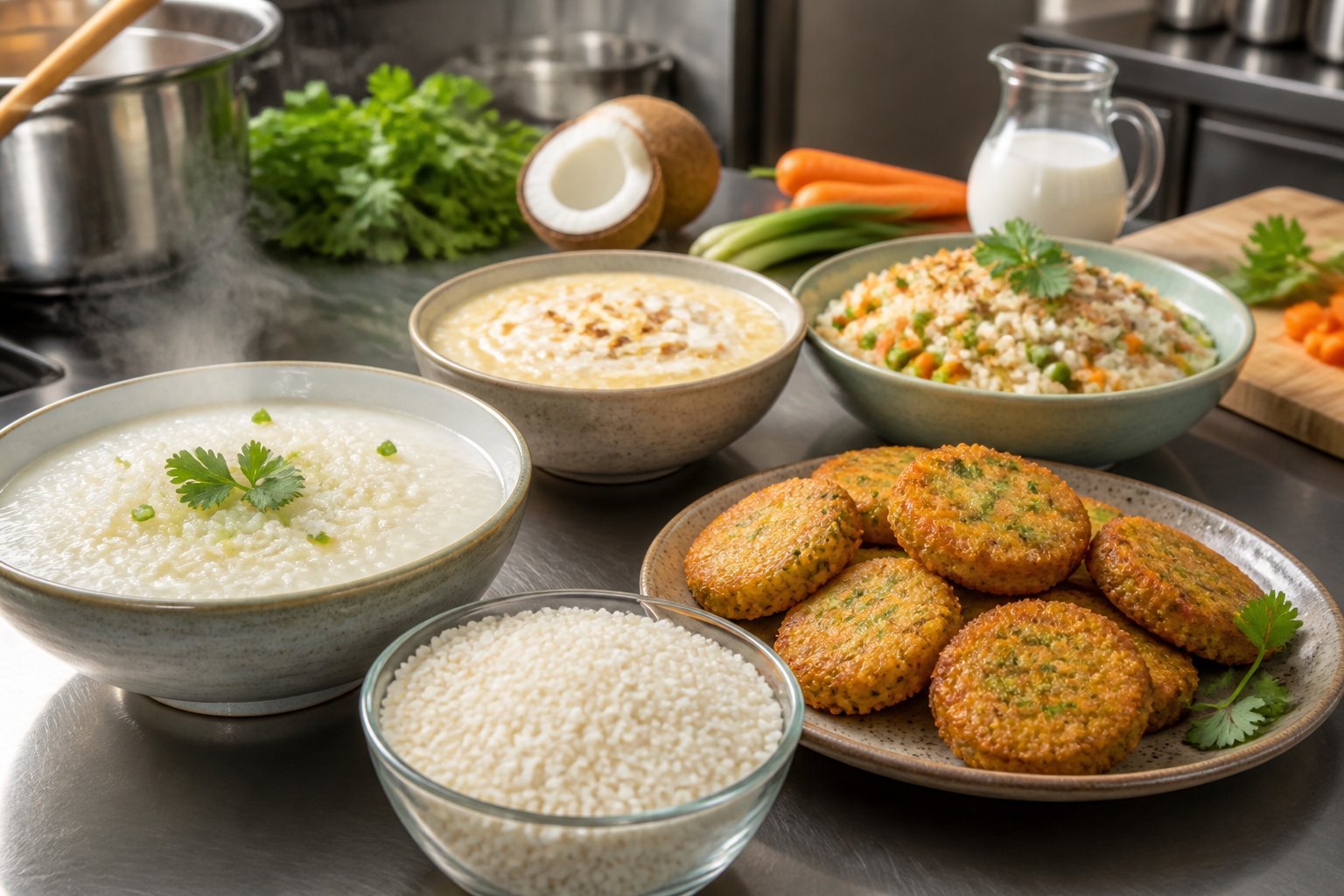 A selection of dishes made with broken rice beside a bowl of uncooked rice fragments in a clean kitchen.