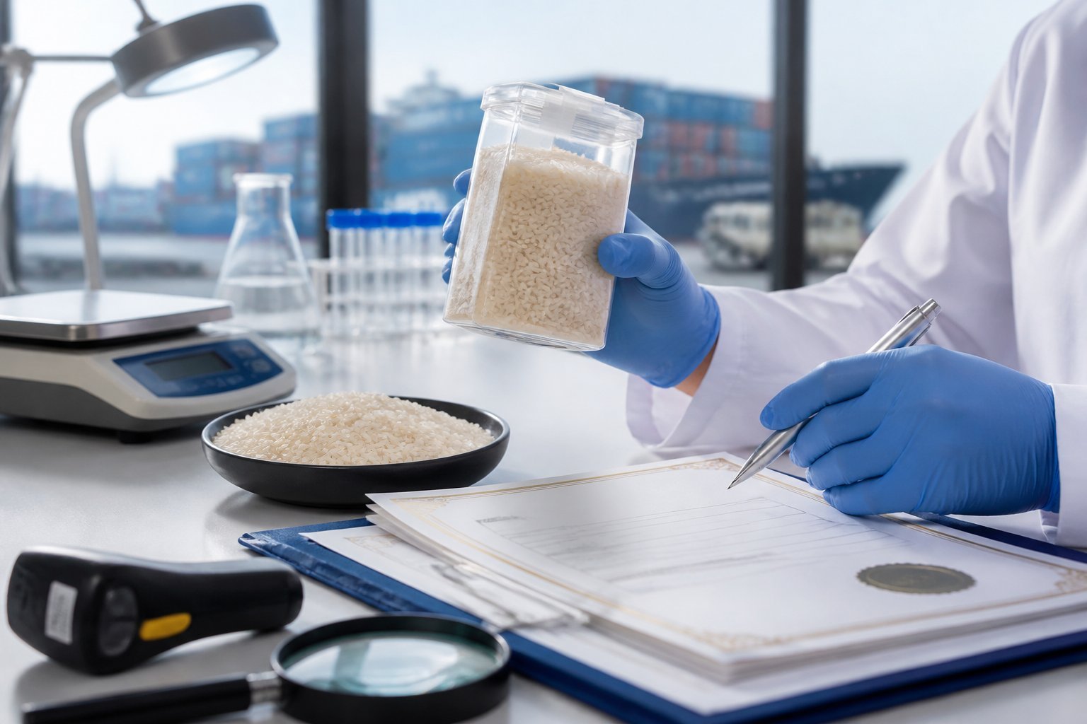 A food inspector examines a sealed basmati rice sample beside blank certification papers and laboratory tools.