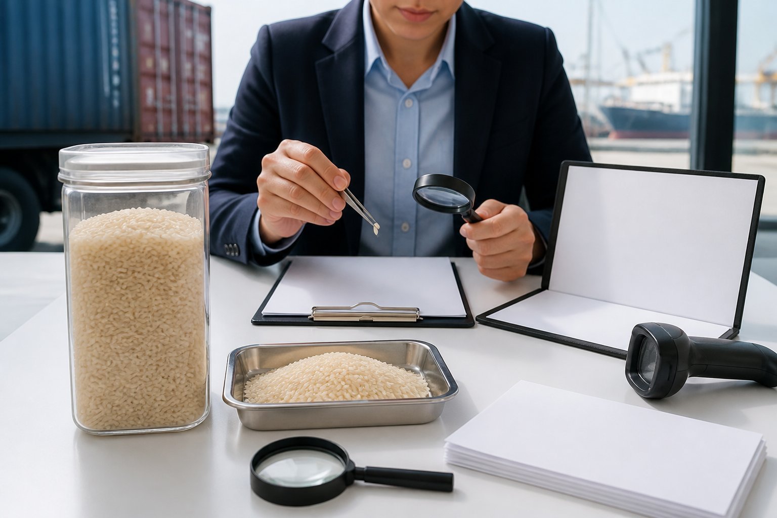 A customs professional examines basmati rice samples and blank import documents at an inspection desk.