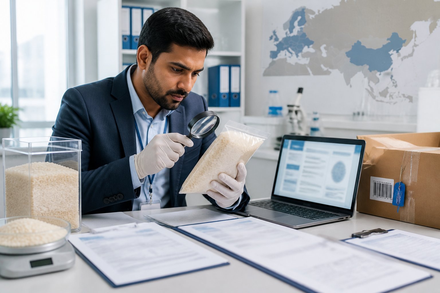 A food import specialist verifies a basmati rice sample alongside blank certification documents and inspection tools.
