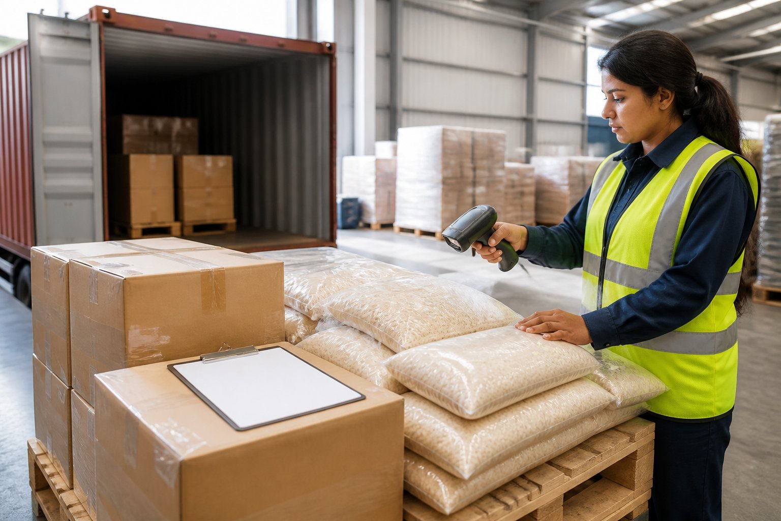 A warehouse worker inspects palletized bags and cartons of rice in an international shipping facility.