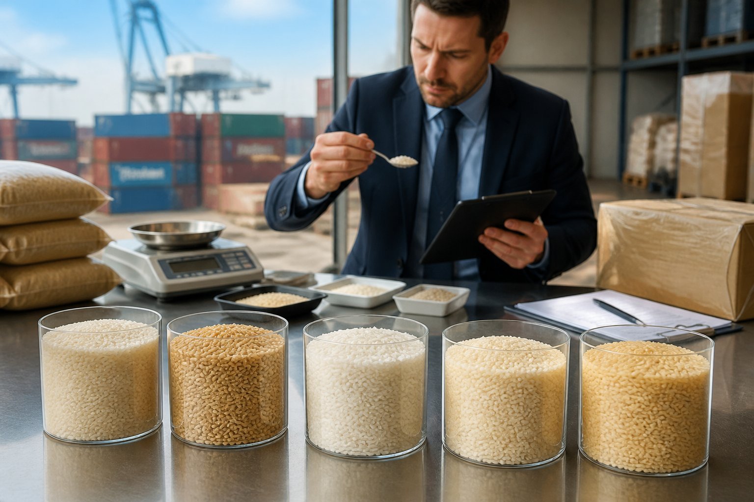 A customs professional examines several varieties of rice samples in a modern import inspection warehouse.