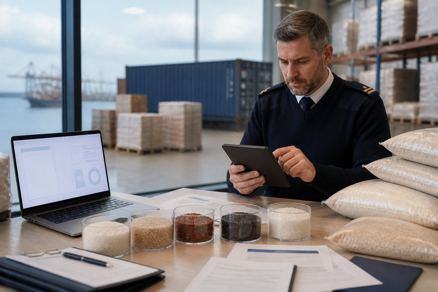 A customs specialist reviews rice samples and import documents in a logistics workspace.