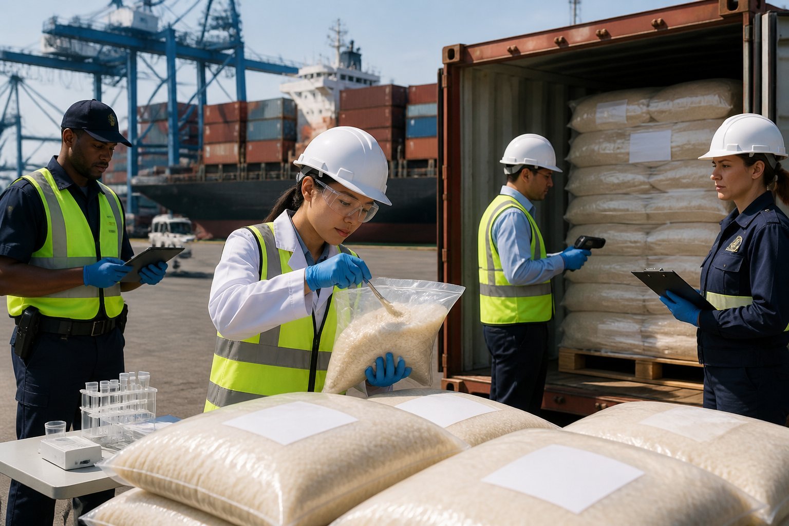 Food safety inspectors examine imported rice near shipping containers at a U.S. port.