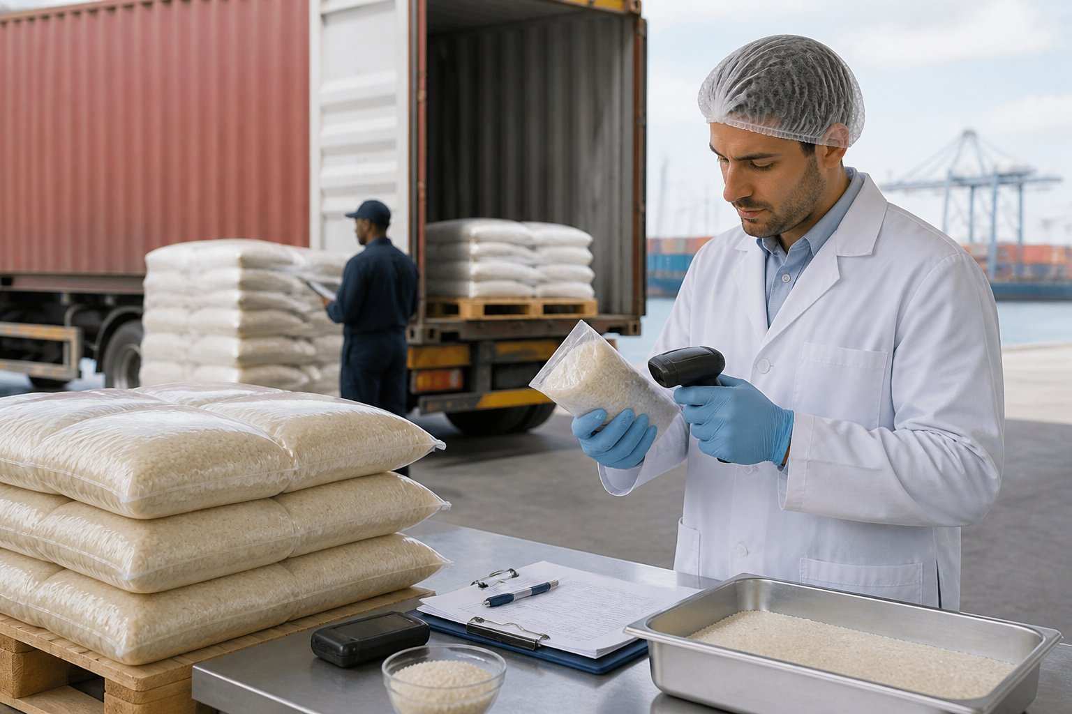 Food safety inspector reviewing a rice shipment at a commercial import facility.