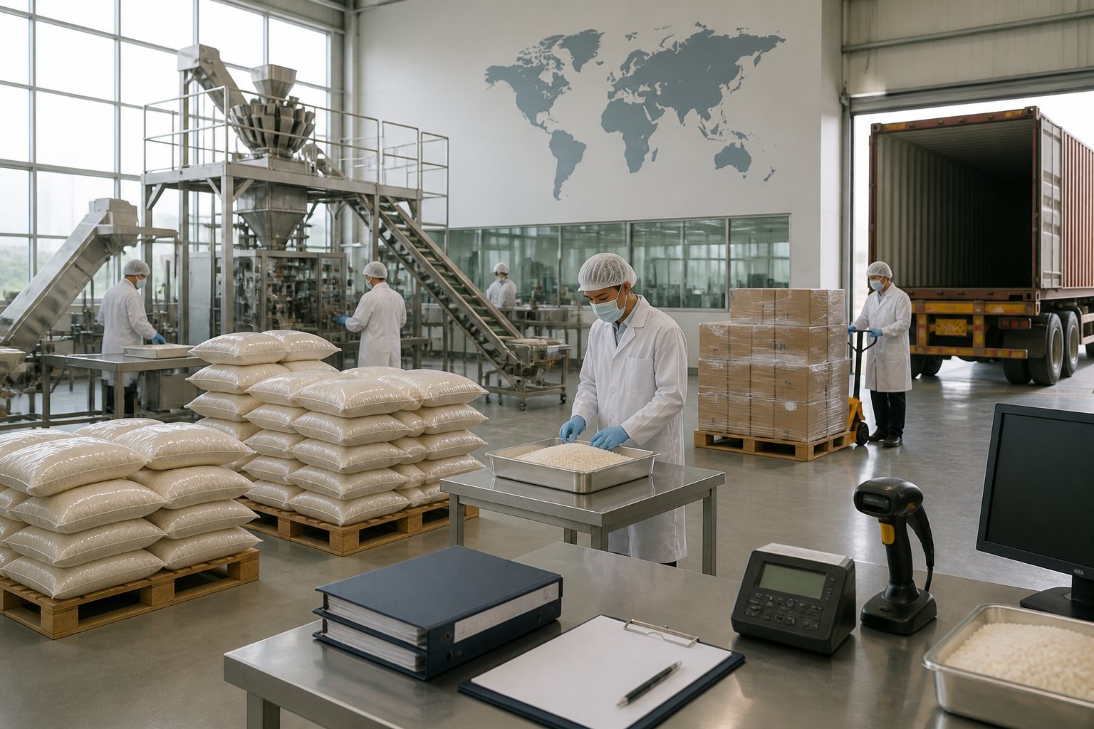 Workers prepare packaged rice for inspection and international shipment inside a clean processing facility.