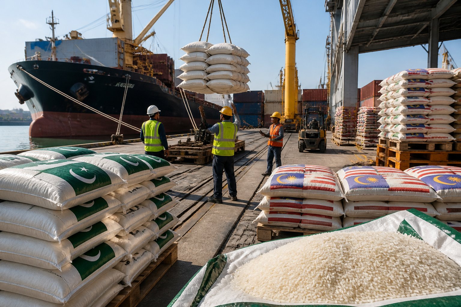Workers load sacks of rice at a Malaysian port beside a cargo ship.