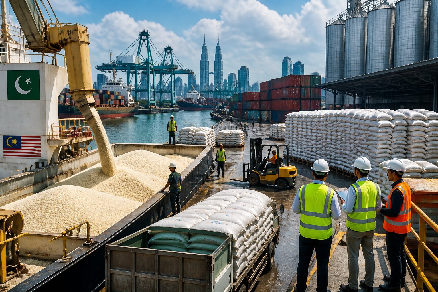 A Malaysian port receiving a large rice shipment from Pakistan with cargo containers, storage facilities, and logistics workers.