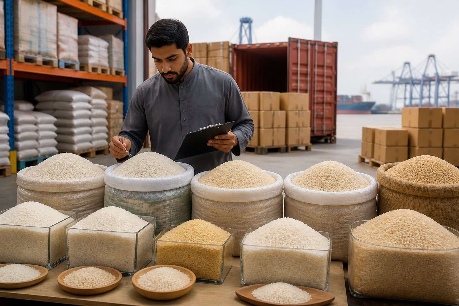 Organized rice varieties and export containers in a warehouse, with a worker inspecting rice samples.