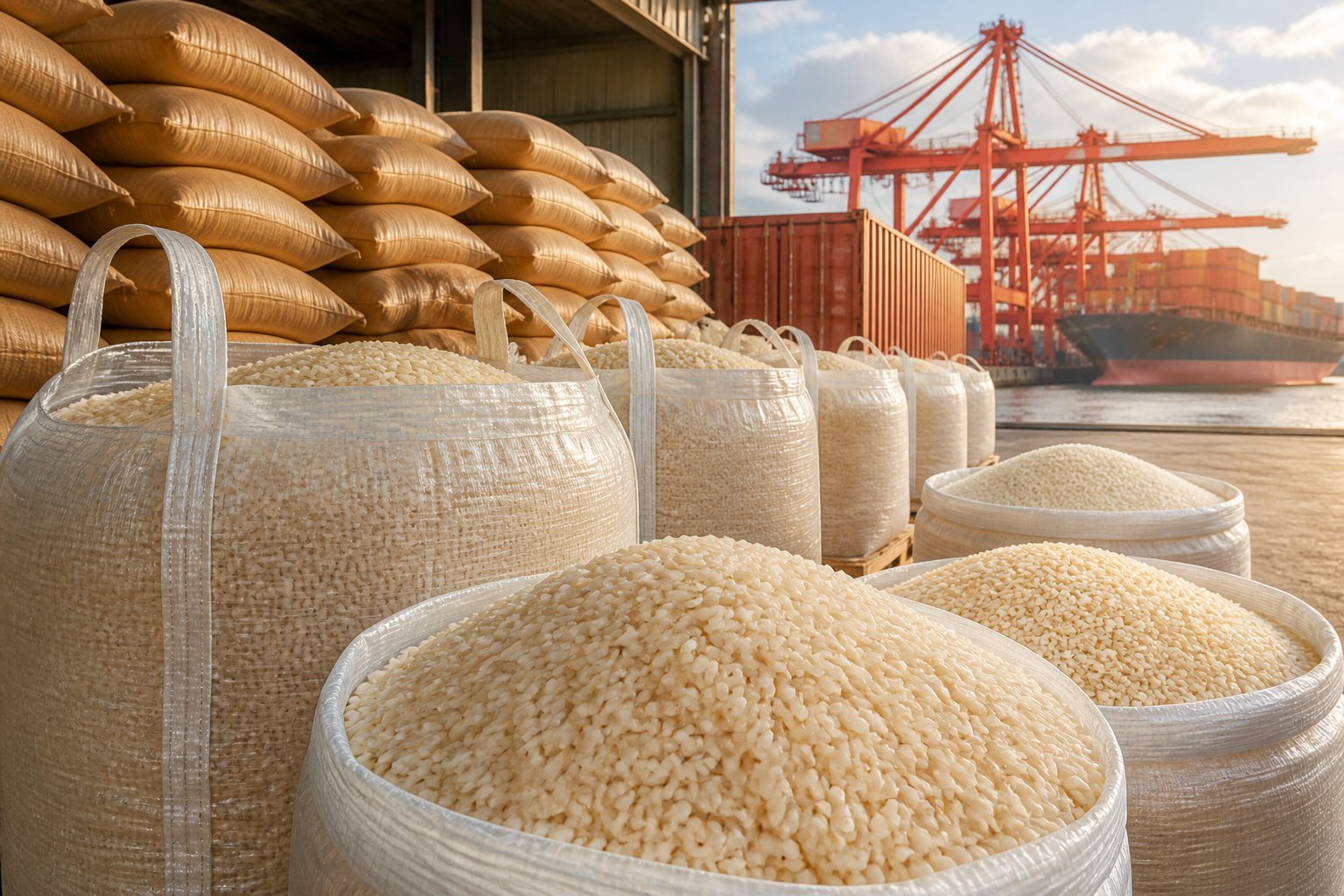 Sacks and bulk containers of broken rice in a warehouse near an international shipping port.