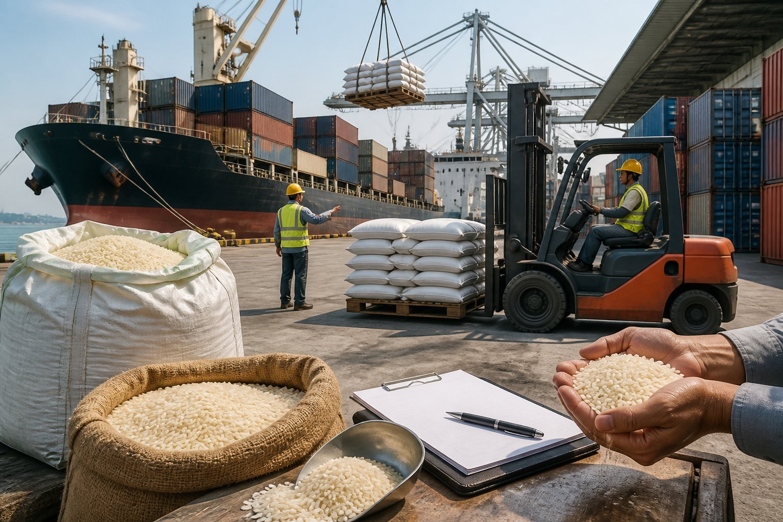 Workers handle sacks of broken rice beside shipping containers at a busy Chinese cargo port.