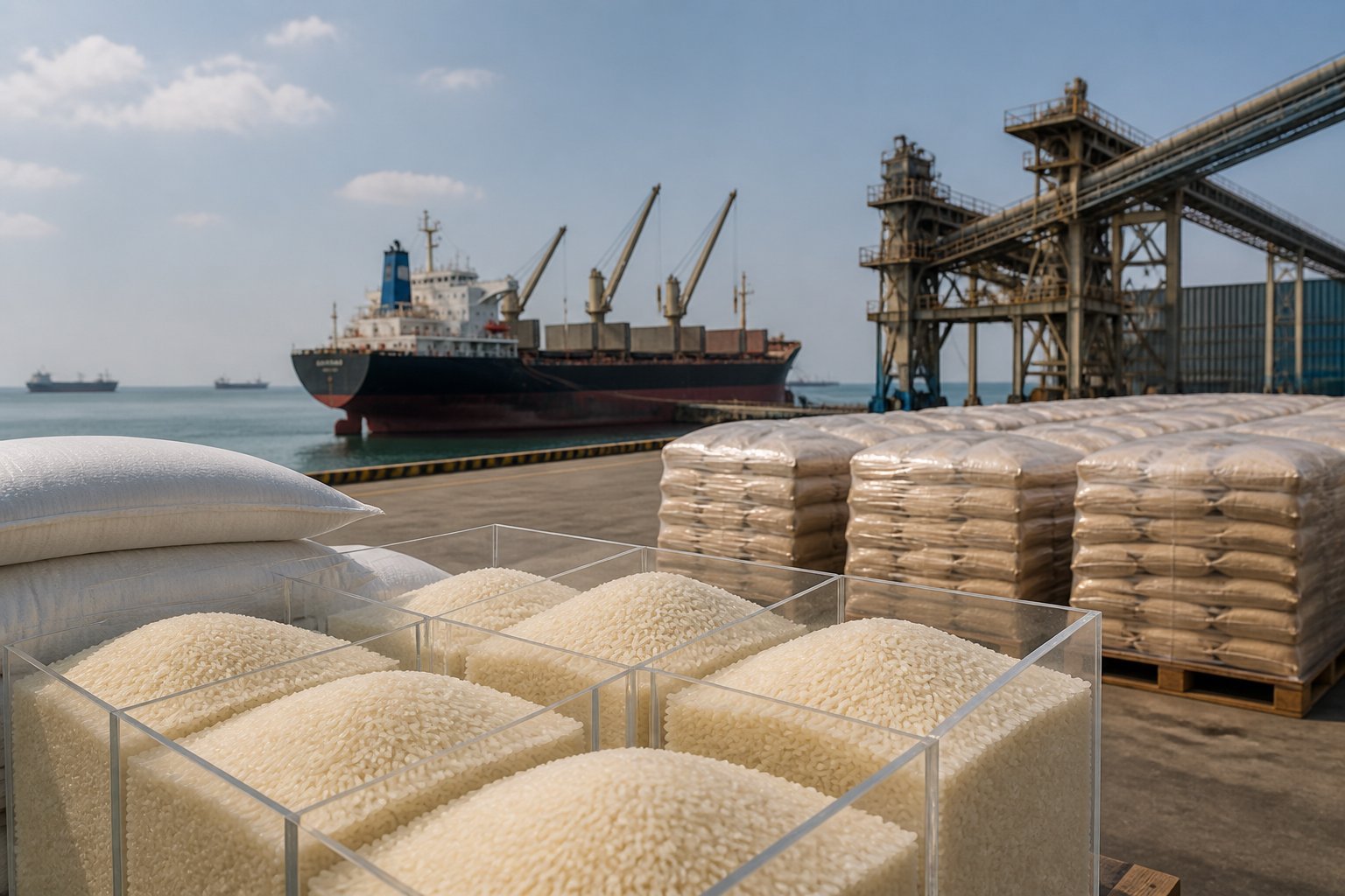 Broken rice in sacks and bulk containers at a Chinese commercial port beside cargo ships and loading equipment.