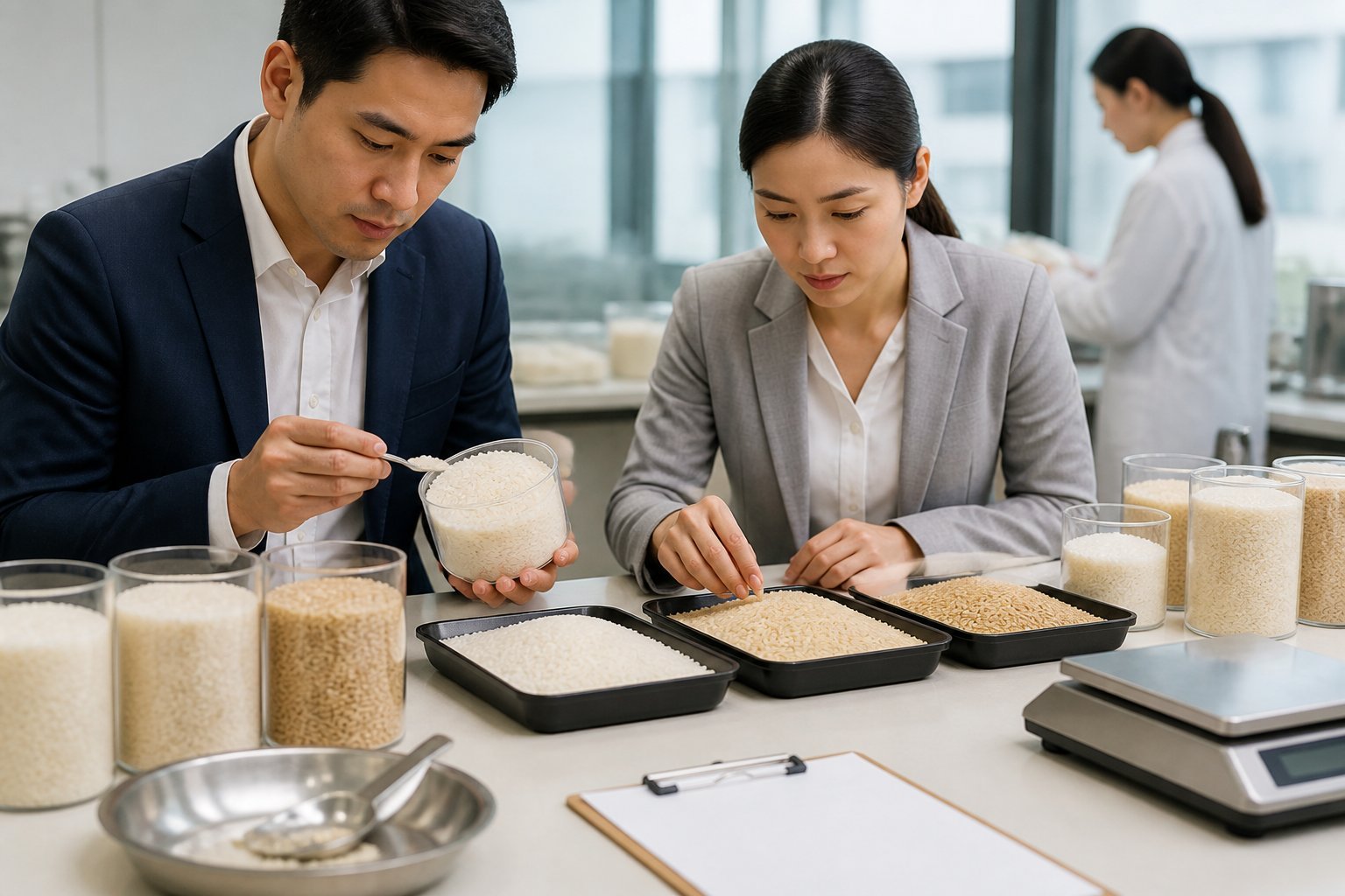 Business professionals inspect rice samples on a table before approving a bulk order.