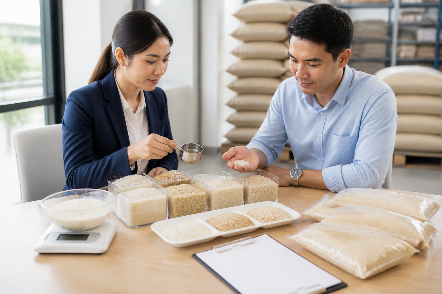 A buyer and rice supplier compare rice samples on a table before a bulk order.