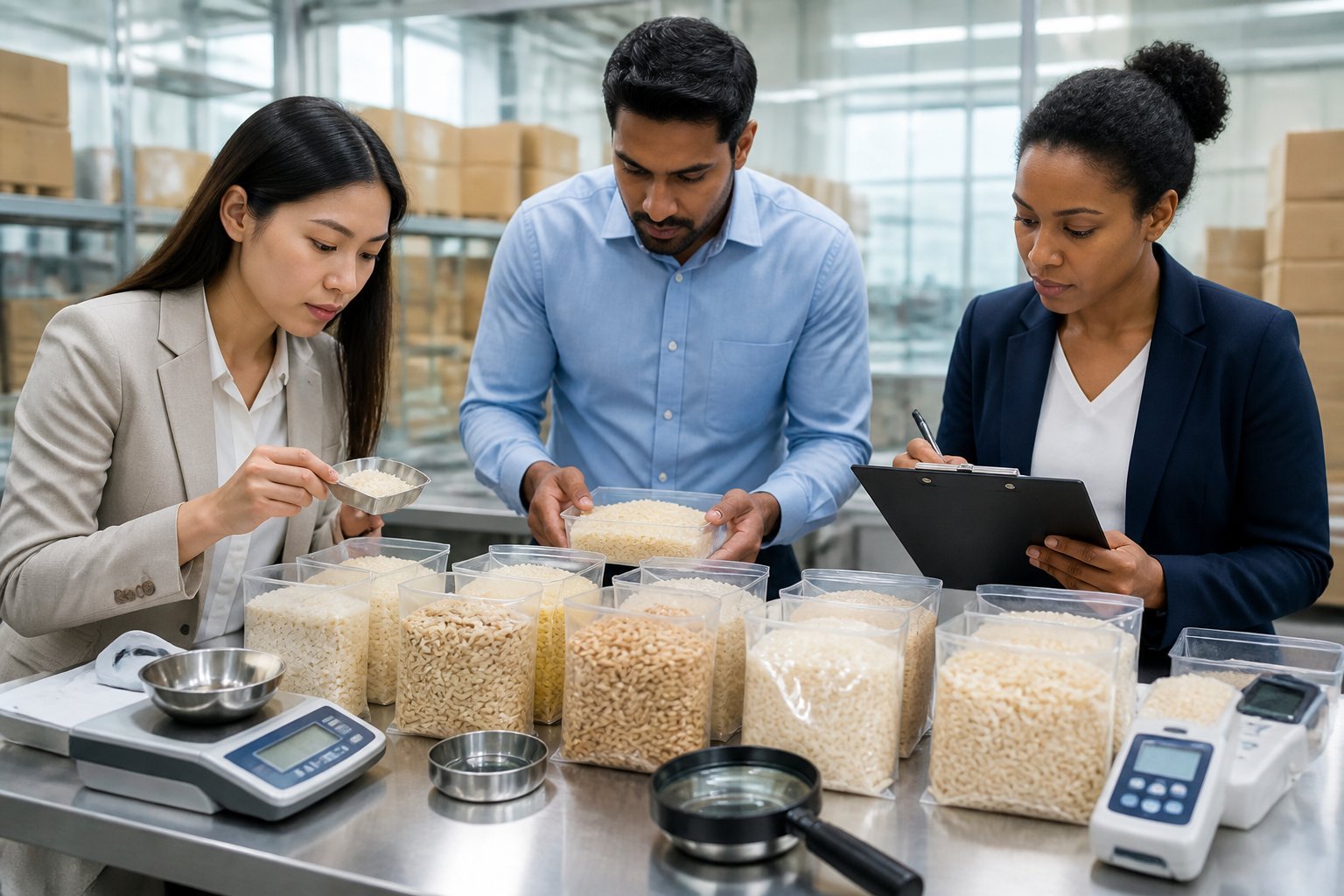 Business professionals inspect and compare rice samples on a quality-control table before approving a bulk order.