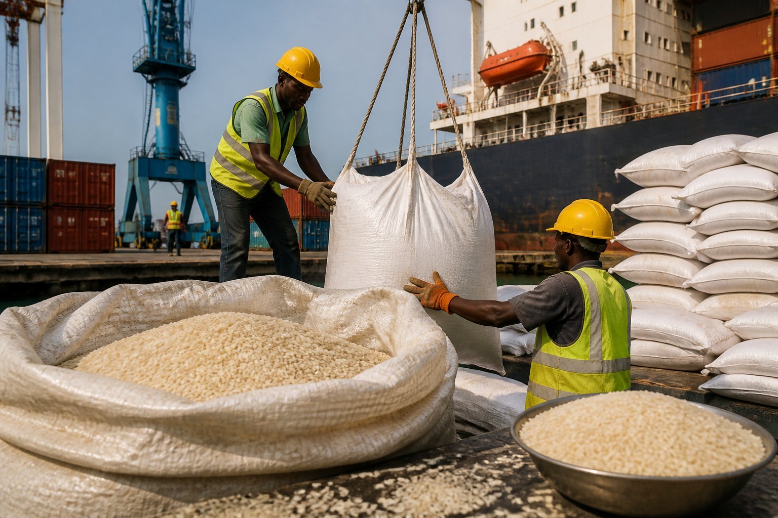 Workers inspect sacks of broken rice at a cargo port in Senegal.