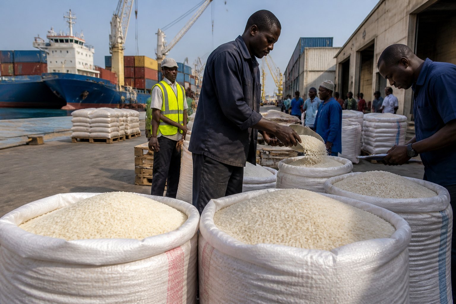 Workers handle imported rice sacks beside cargo containers at a Senegalese port.