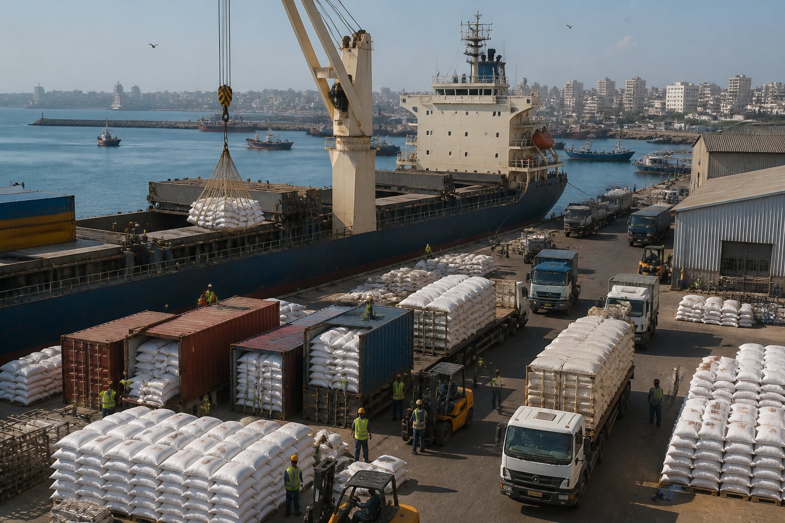 A cargo ship unloads rice containers at a busy port in Senegal while trucks and workers support inland distribution.