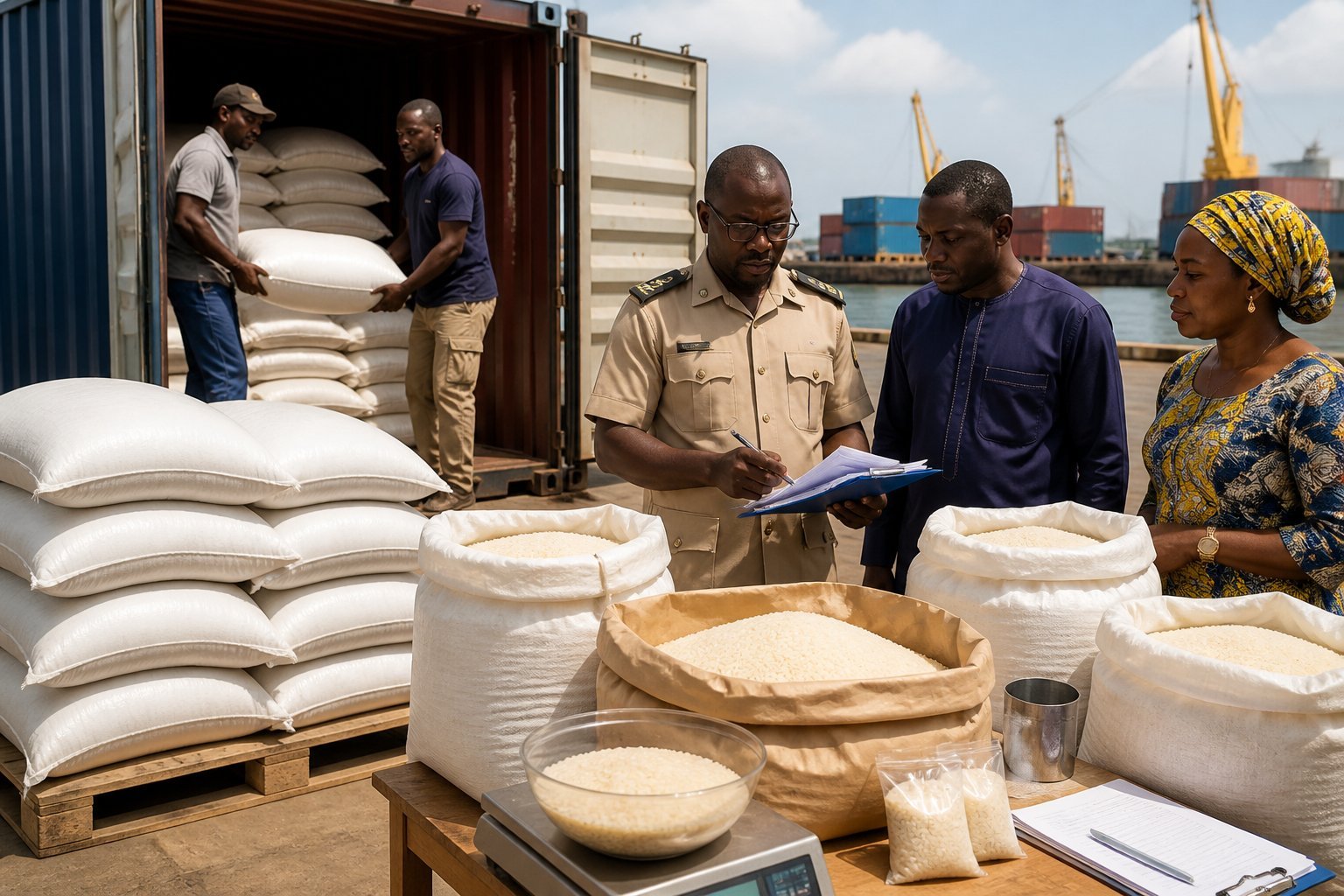 A customs official inspects imported rice sacks at a Senegalese port beside shipping containers and weighing equipment.