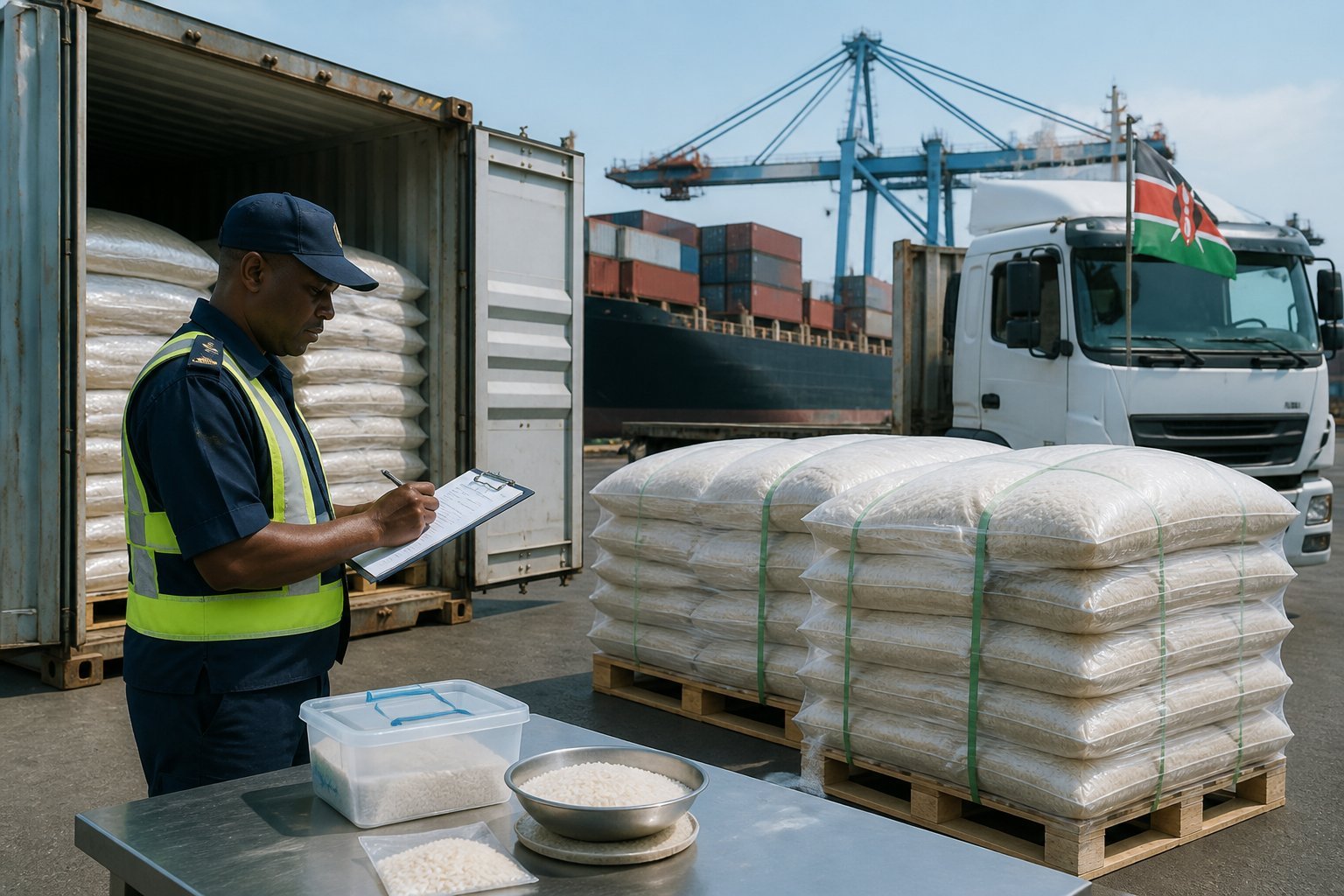 A customs officer inspects palletized rice shipments beside containers at a Kenyan port.