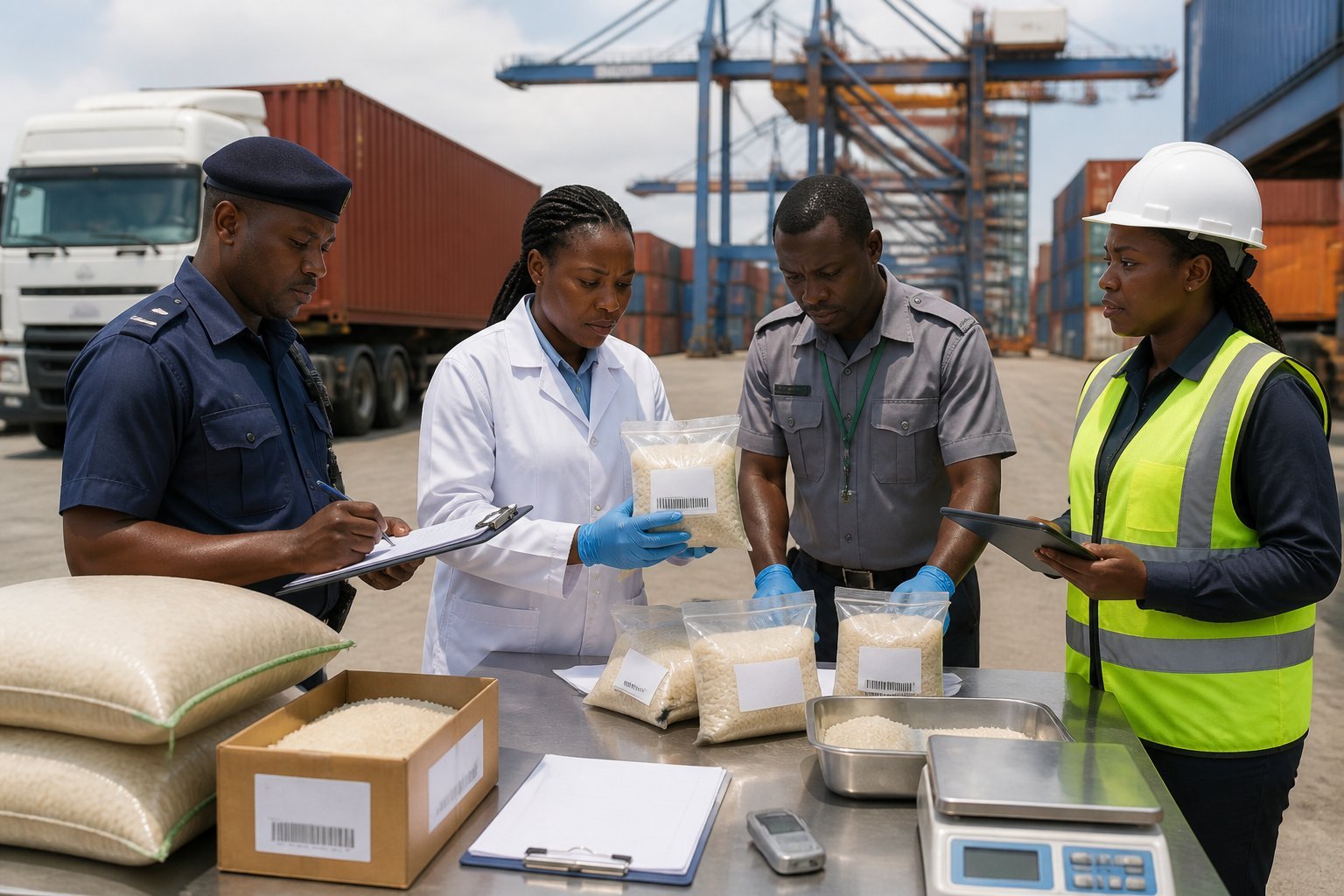 Customs officials inspect rice samples and shipments at a Kenyan cargo terminal.