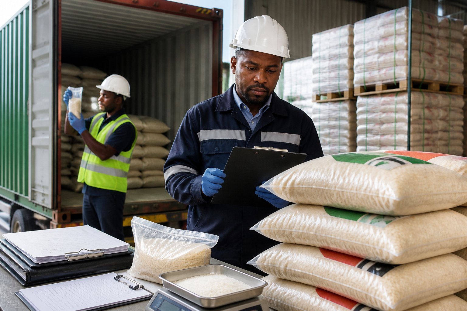A compliance officer inspects rice sacks and shipment samples in a warehouse beside export pallets and a cargo container.