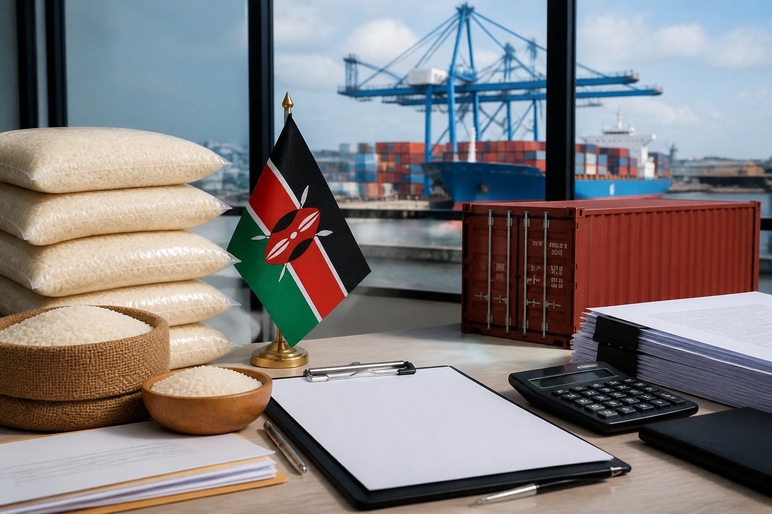 Rice shipments and customs documents arranged on a desk with a cargo port in the background.