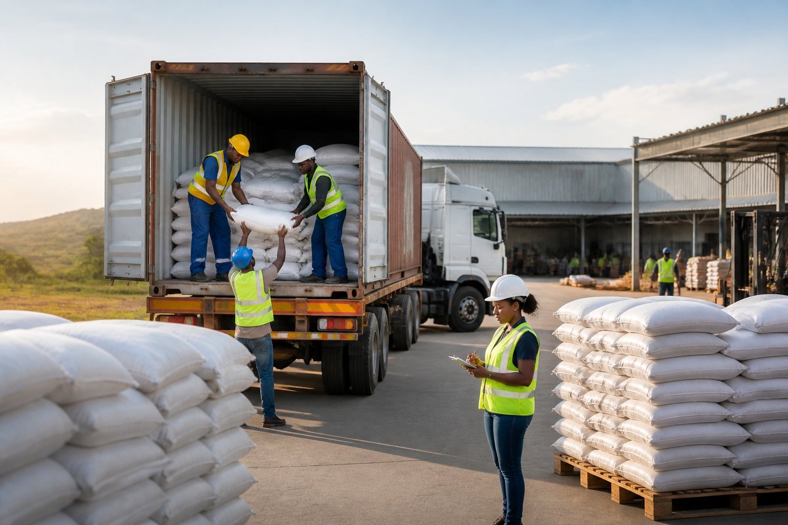 Workers unload pallets of rice sacks from a truck at a Zimbabwean warehouse.