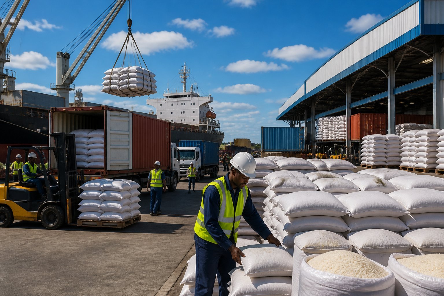 Workers handle imported rice sacks and shipping containers at a busy Zimbabwean freight terminal.