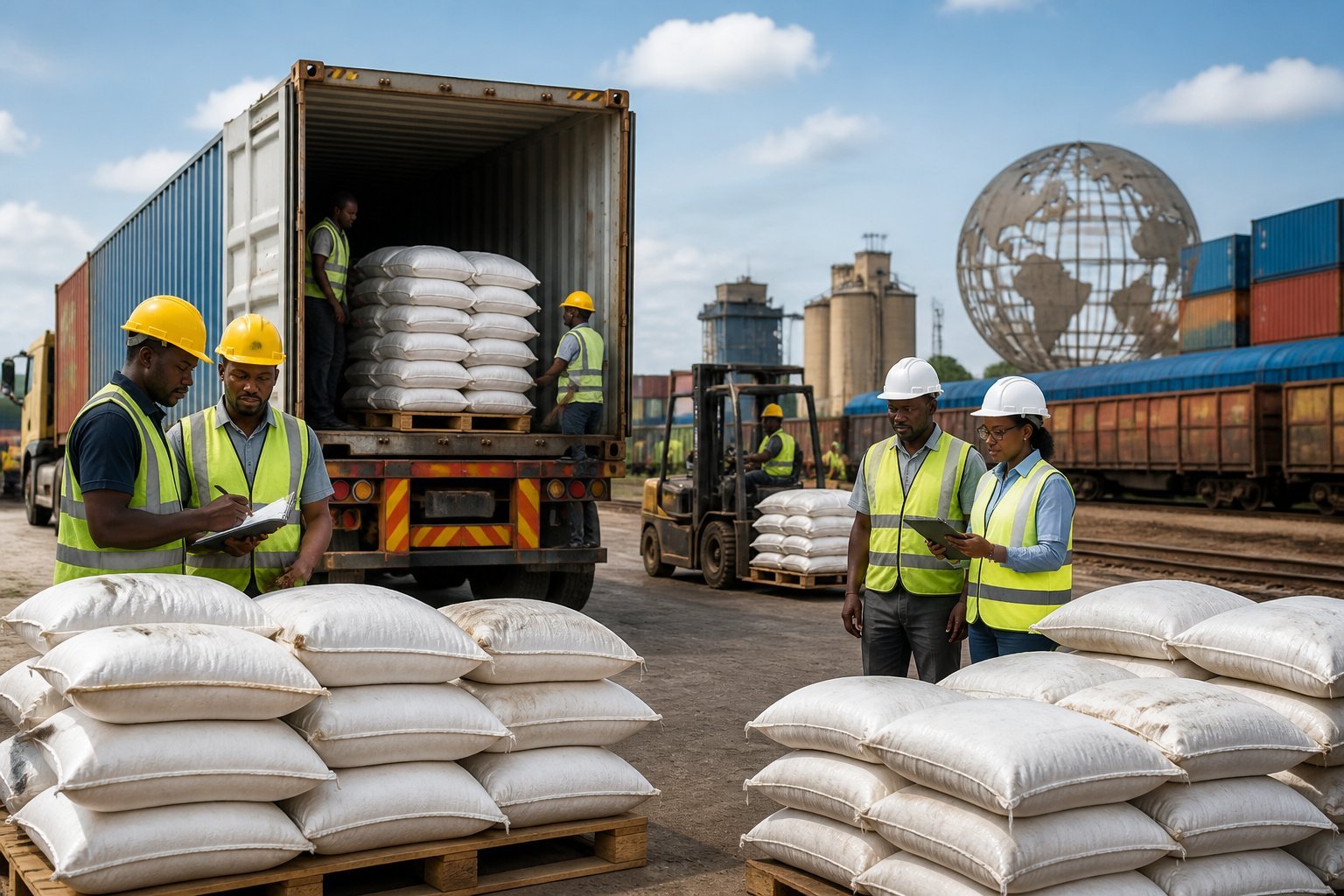 Workers unload sacks of imported rice near shipping containers at a Zimbabwean freight hub.