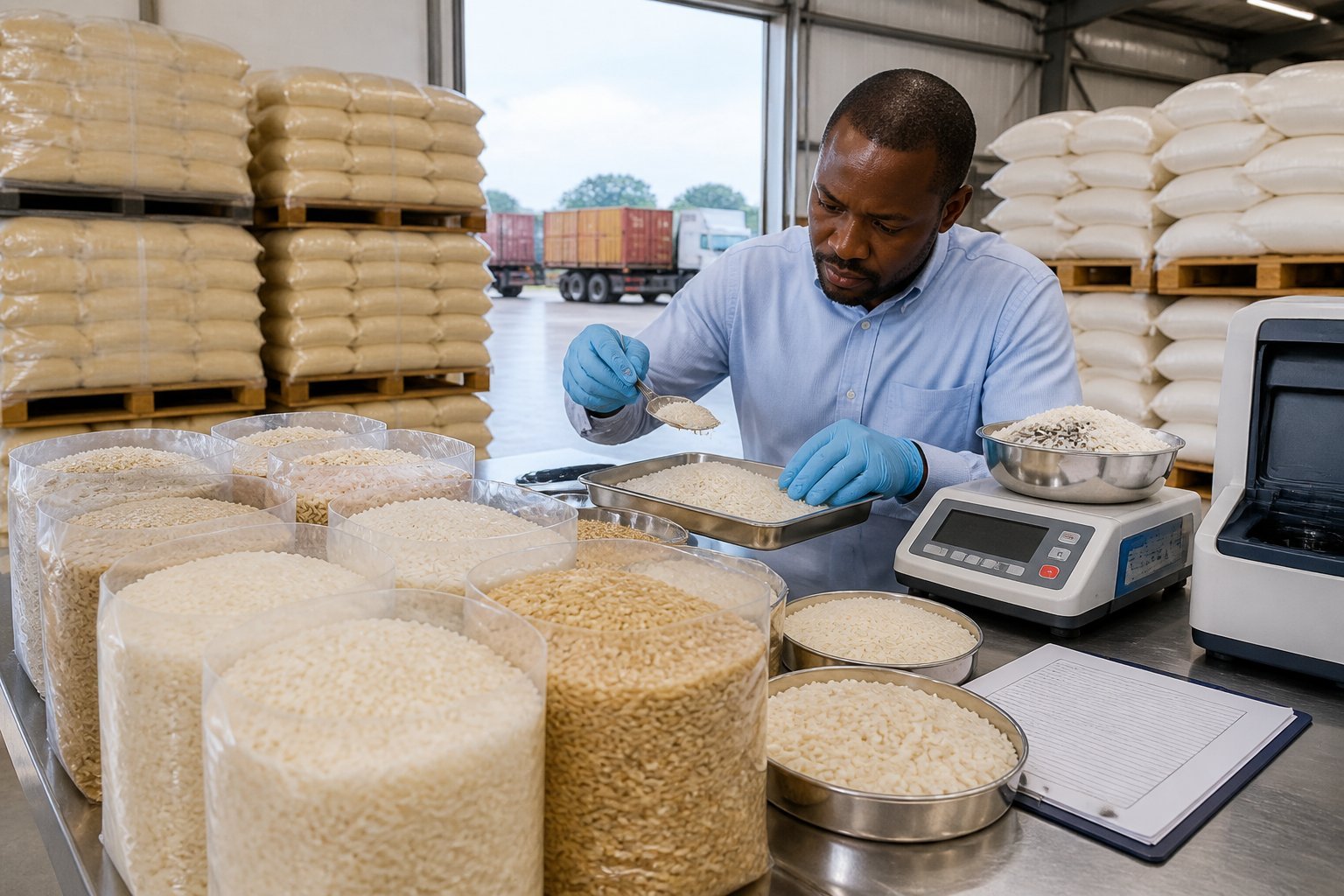 A quality inspector compares different rice varieties and grain samples in a professional warehouse inspection area.