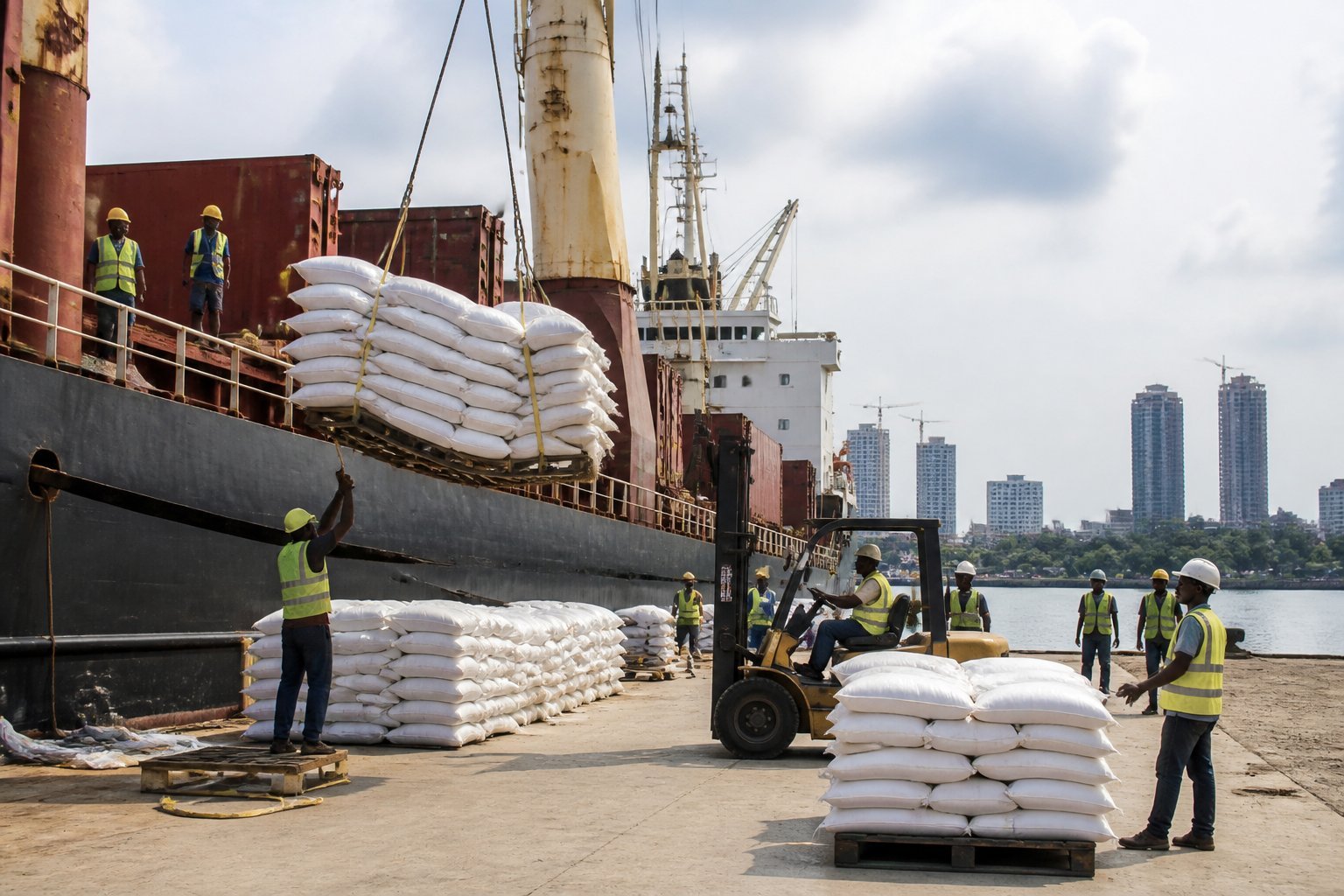 Workers unload rice shipments from a cargo vessel at a port in Ivory Coast.