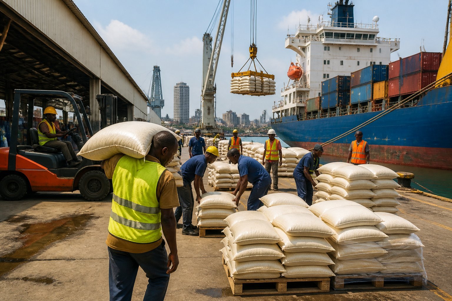 Workers handle imported rice sacks beside shipping containers at a busy port in Abidjan.