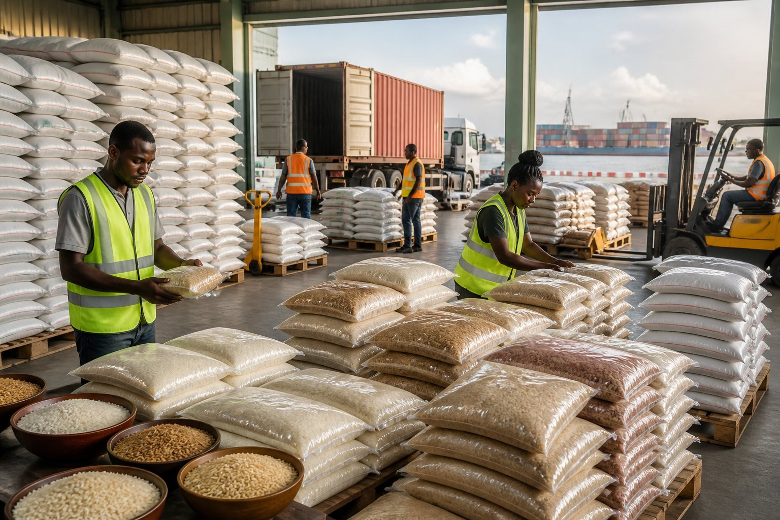 Workers organize imported rice sacks in a warehouse near a shipping port.